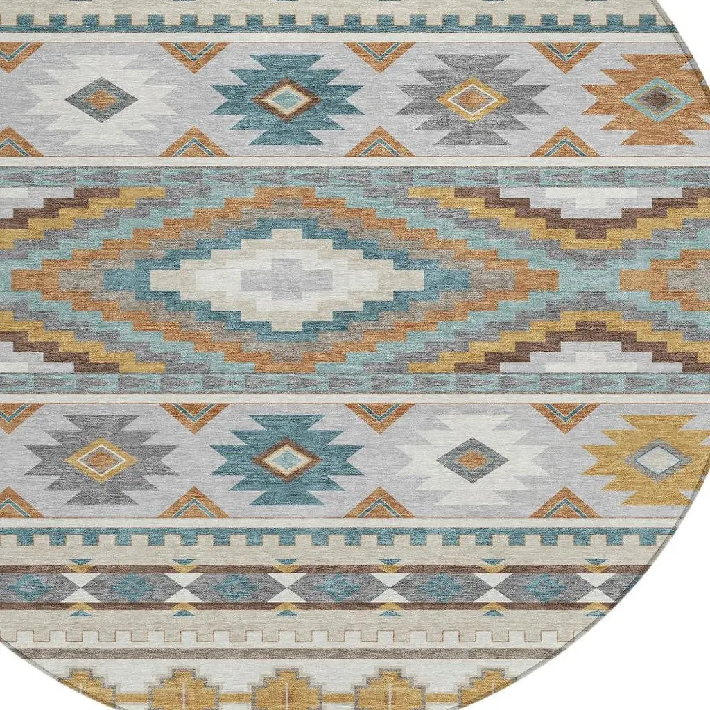 8' Ivory And Beige Round Southwestern Washable Indoor Outdoor Area Rug Homeroots Outdoor