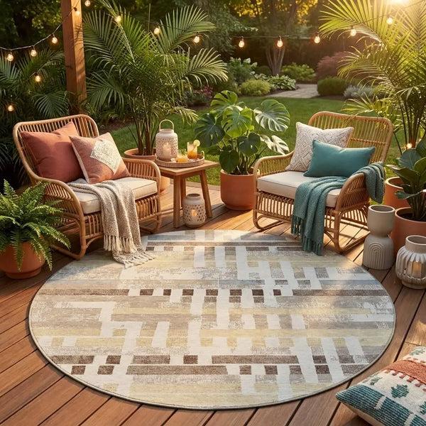 8' Ivory And Beige Round Striped Washable Indoor Outdoor Area Rug Homeroots Outdoor