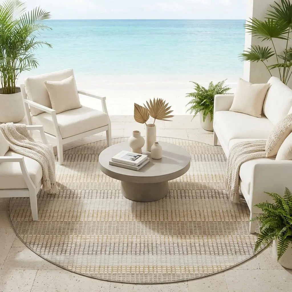 8' Ivory And Beige Round Striped Washable Indoor Outdoor Area Rug Homeroots Outdoor