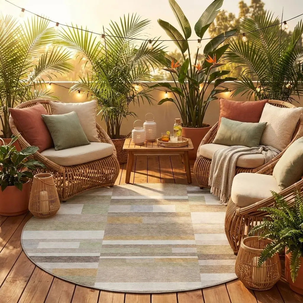 8' Ivory And Beige Round Striped Washable Indoor Outdoor Area Rug Homeroots Outdoor
