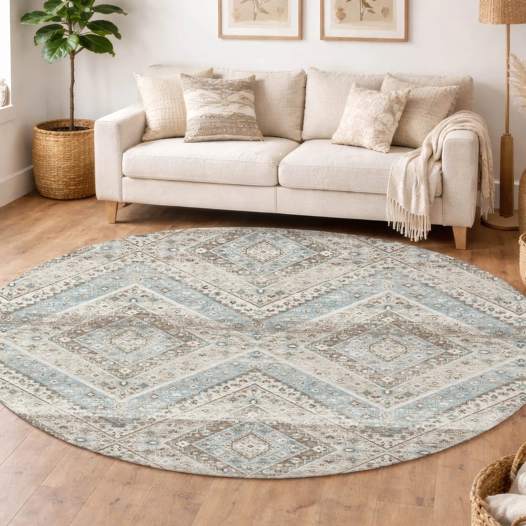 8' Ivory And Beige Round Tribal Washable Indoor Outdoor Area Rug Homeroots Outdoor