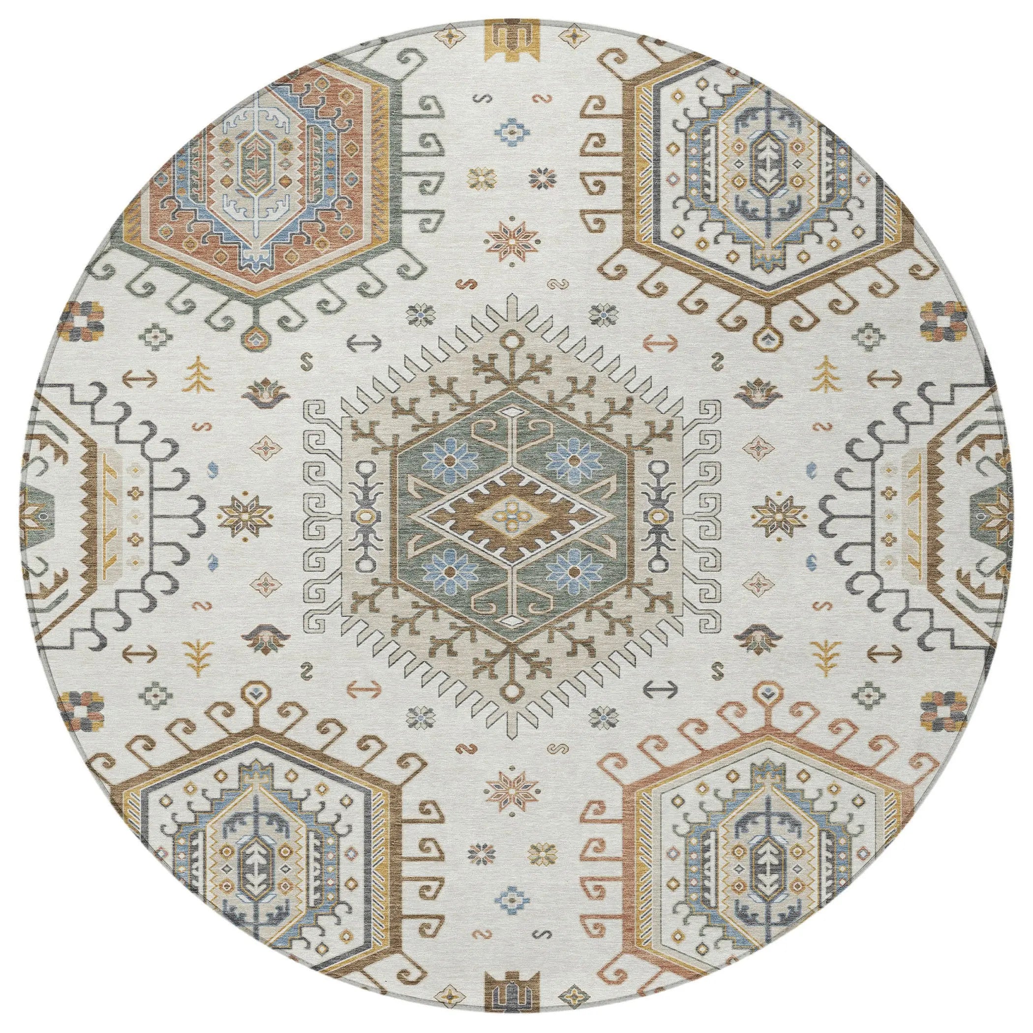 8' Ivory And Beige Round Tribal Washable Indoor Outdoor Area Rug Homeroots Outdoor