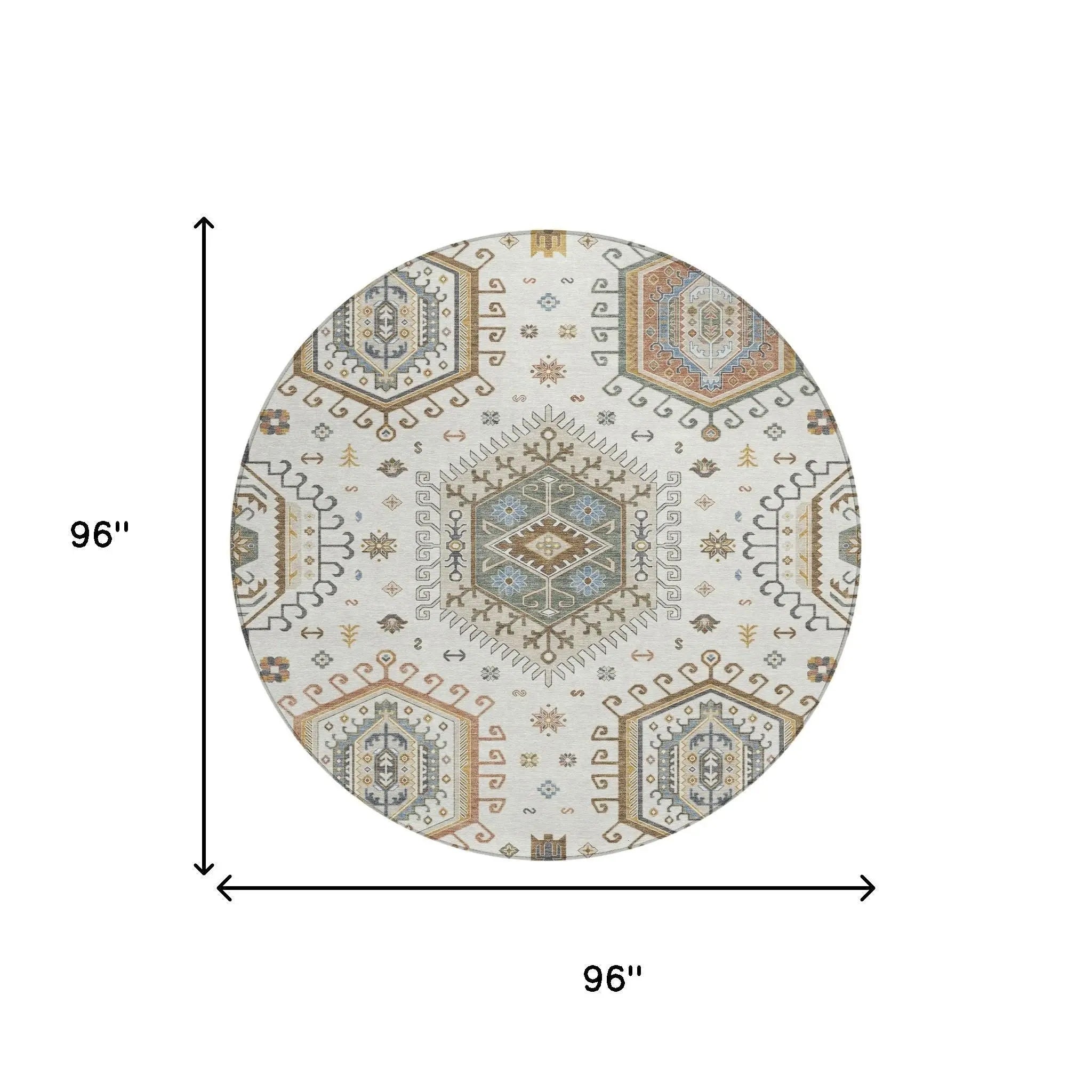 8' Ivory And Beige Round Tribal Washable Indoor Outdoor Area Rug Homeroots Outdoor