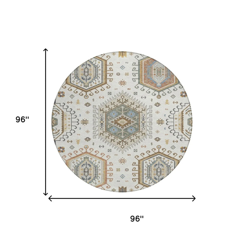 8' Ivory And Beige Round Tribal Washable Indoor Outdoor Area Rug Homeroots Outdoor