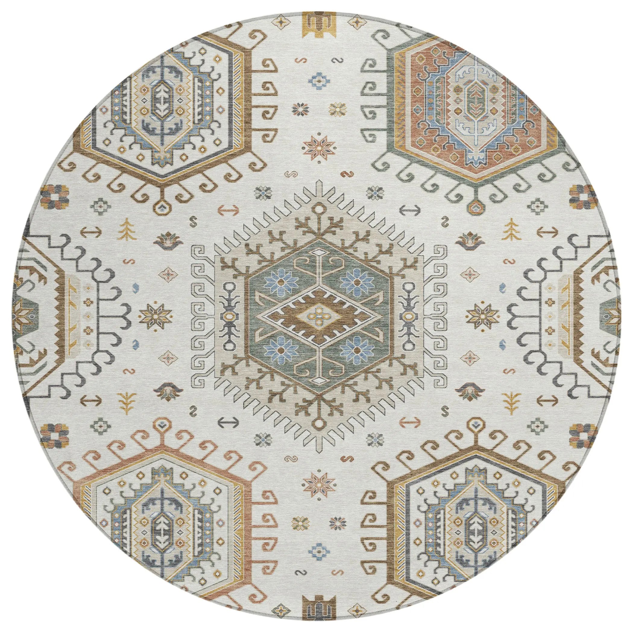 8' Ivory And Beige Round Tribal Washable Indoor Outdoor Area Rug Homeroots Outdoor