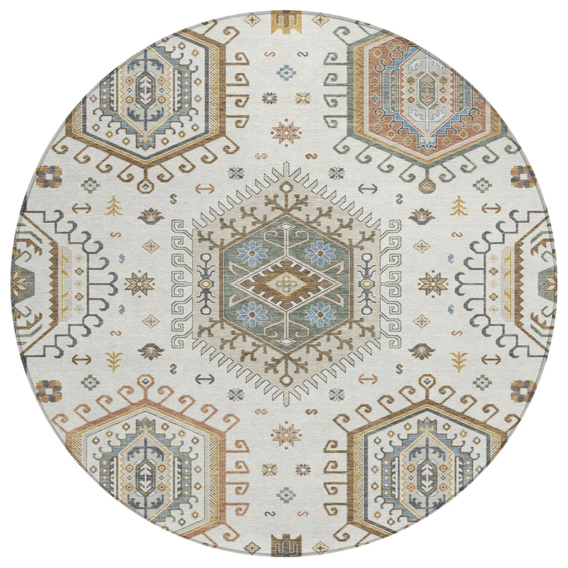 8' Ivory And Beige Round Tribal Washable Indoor Outdoor Area Rug Homeroots Outdoor