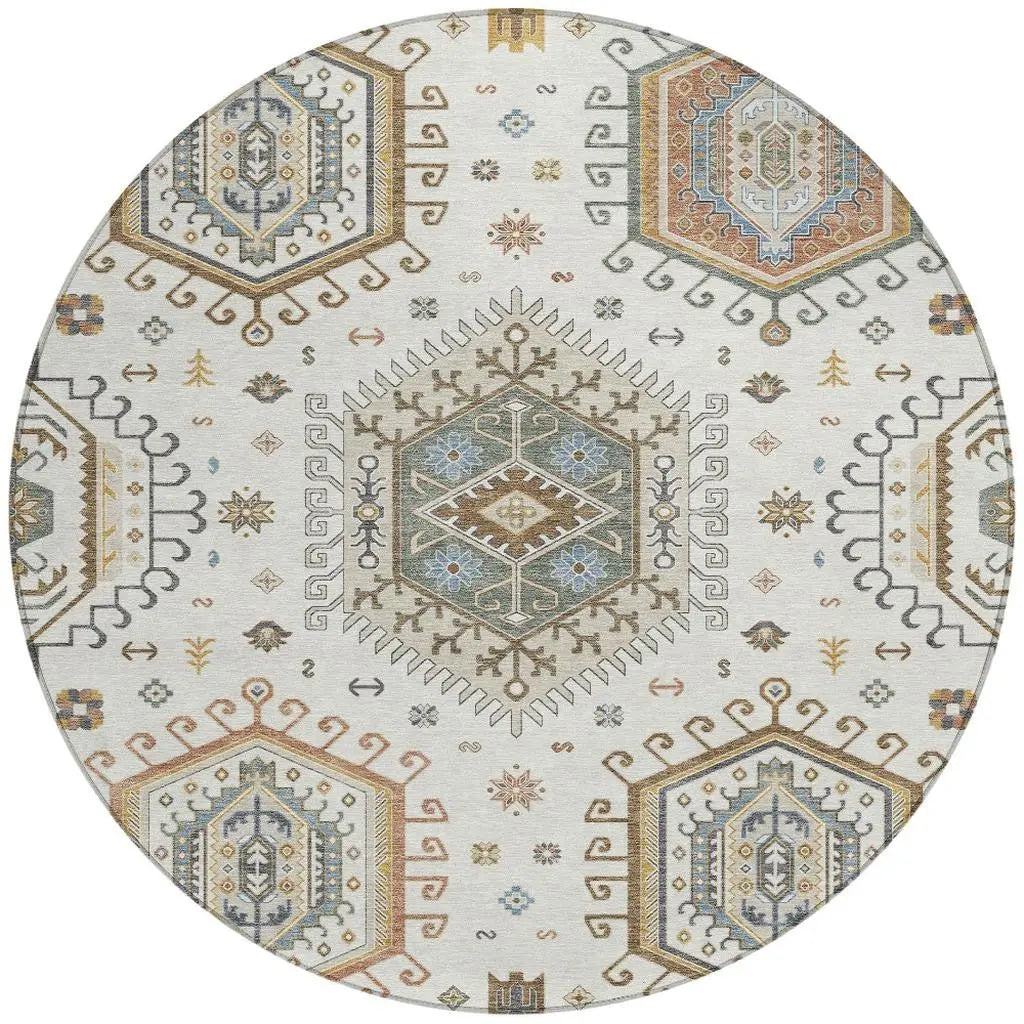 8' Ivory And Beige Round Tribal Washable Indoor Outdoor Area Rug Homeroots Outdoor
