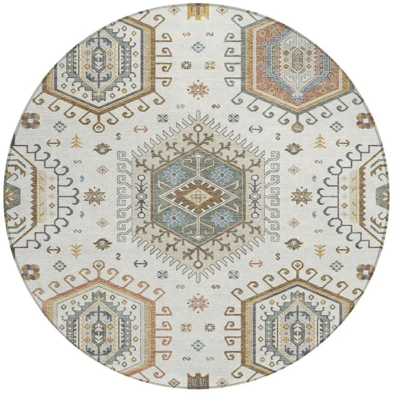 8' Ivory And Beige Round Tribal Washable Indoor Outdoor Area Rug Homeroots Outdoor
