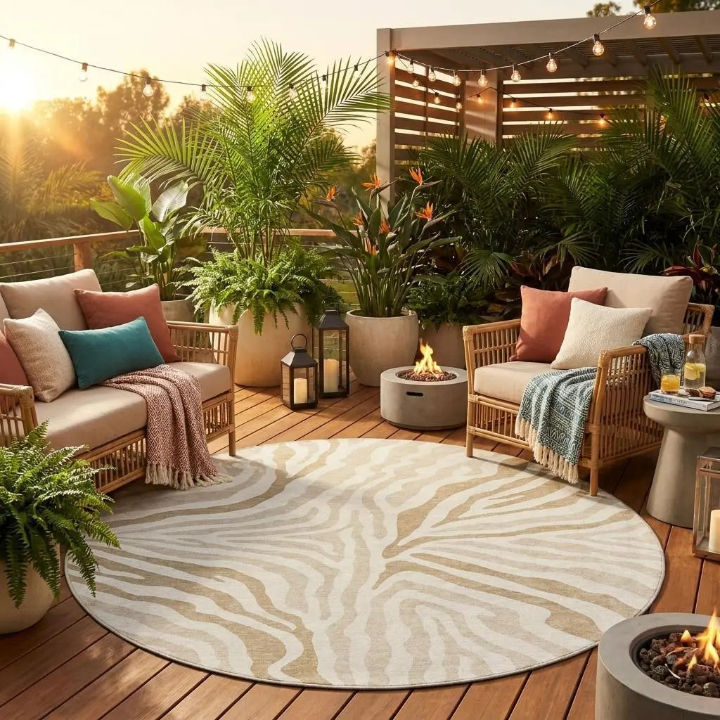 8' Ivory And Beige Round Zebra Print Washable Indoor Outdoor Area Rug Homeroots Outdoor