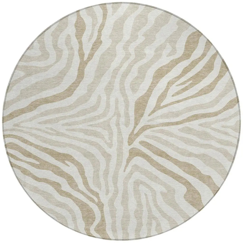 8' Ivory And Beige Round Zebra Print Washable Indoor Outdoor Area Rug Homeroots Outdoor