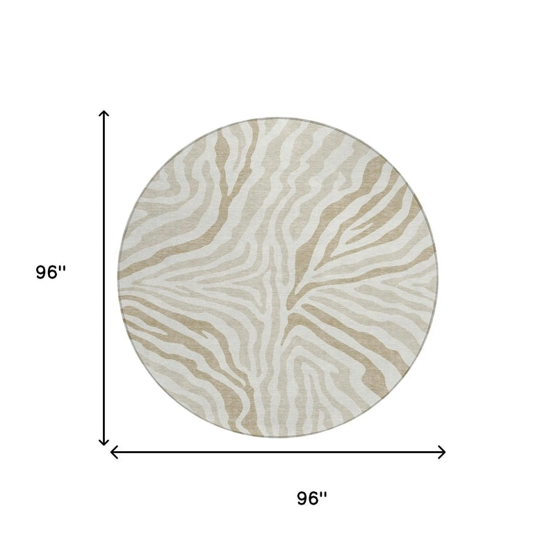 8' Ivory And Beige Round Zebra Print Washable Indoor Outdoor Area Rug Homeroots Outdoor