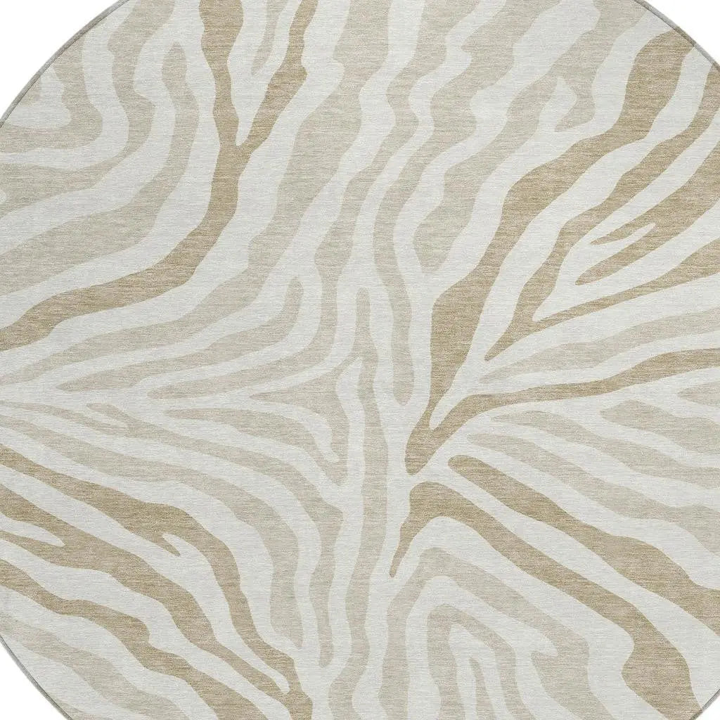 8' Ivory And Beige Round Zebra Print Washable Indoor Outdoor Area Rug Homeroots Outdoor