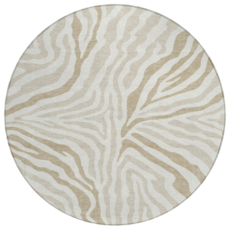 8' Ivory And Beige Round Zebra Print Washable Indoor Outdoor Area Rug Homeroots Outdoor