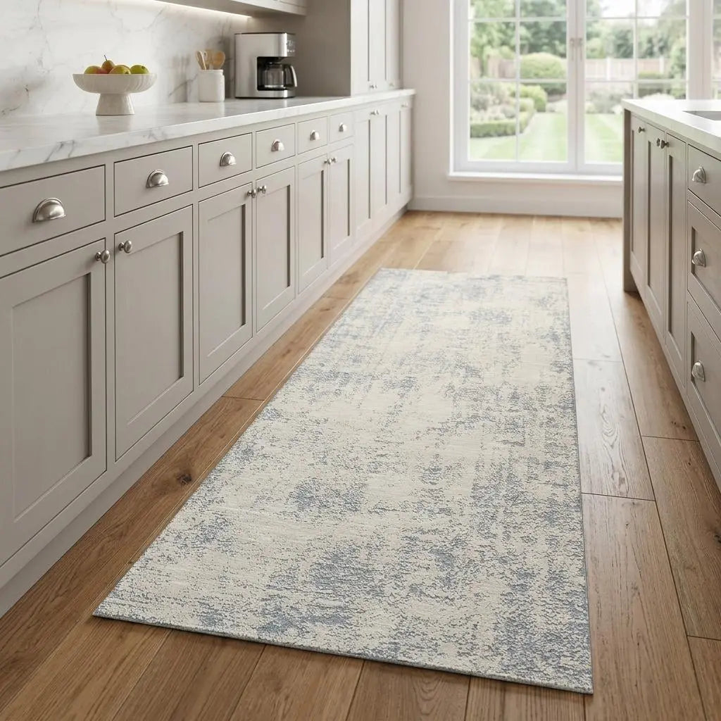 8' Ivory And Blue Abstract Runner Rug Homeroots Home Decor