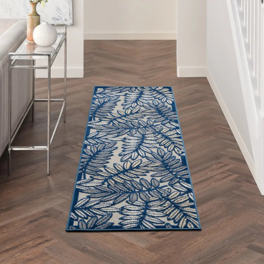 8' Ivory And Blue Indoor Outdoor Runner Rug Homeroots Outdoor