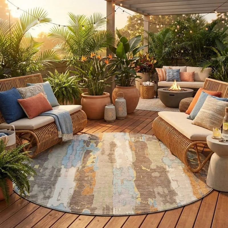 8' Ivory And Blue Round Abstract Washable Indoor Outdoor Area Rug Homeroots Outdoor