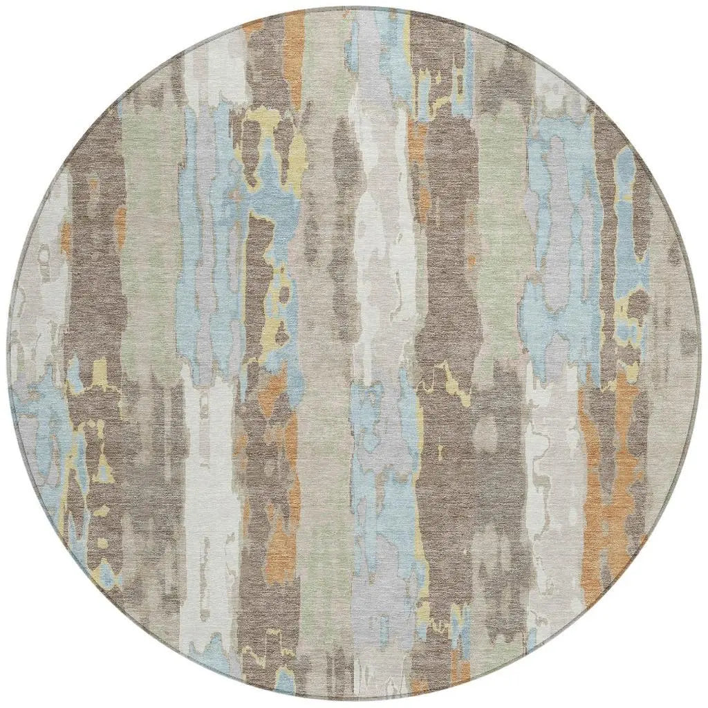 8' Ivory And Blue Round Abstract Washable Indoor Outdoor Area Rug Homeroots Outdoor