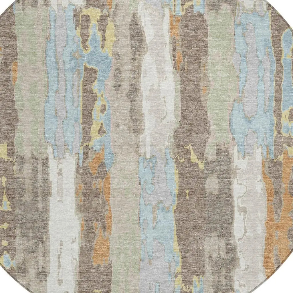 8' Ivory And Blue Round Abstract Washable Indoor Outdoor Area Rug Homeroots Outdoor