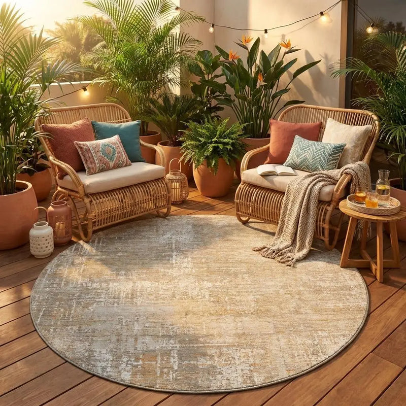 8' Ivory And Blue Round Abstract Washable Indoor Outdoor Area Rug Homeroots Outdoor