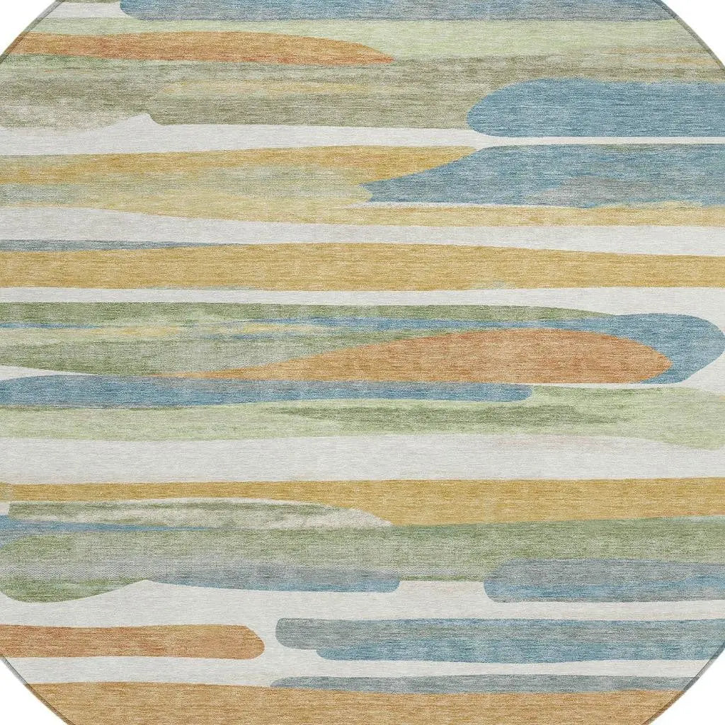 8' Ivory And Blue Round Abstract Washable Indoor Outdoor Area Rug Homeroots Outdoor