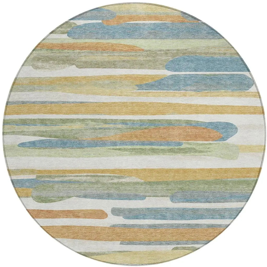 8' Ivory And Blue Round Abstract Washable Indoor Outdoor Area Rug Homeroots Outdoor