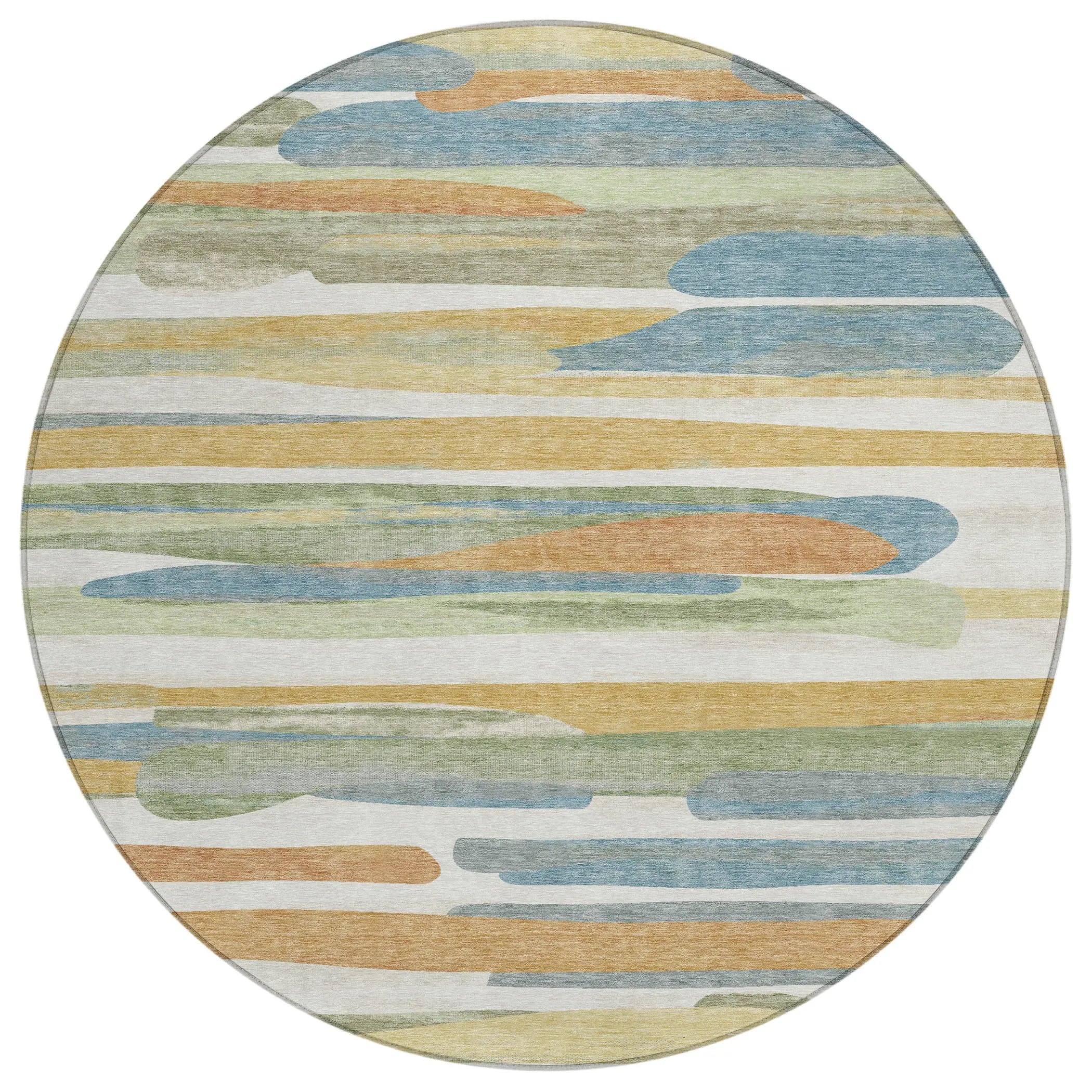 8' Ivory And Blue Round Abstract Washable Indoor Outdoor Area Rug Homeroots Outdoor