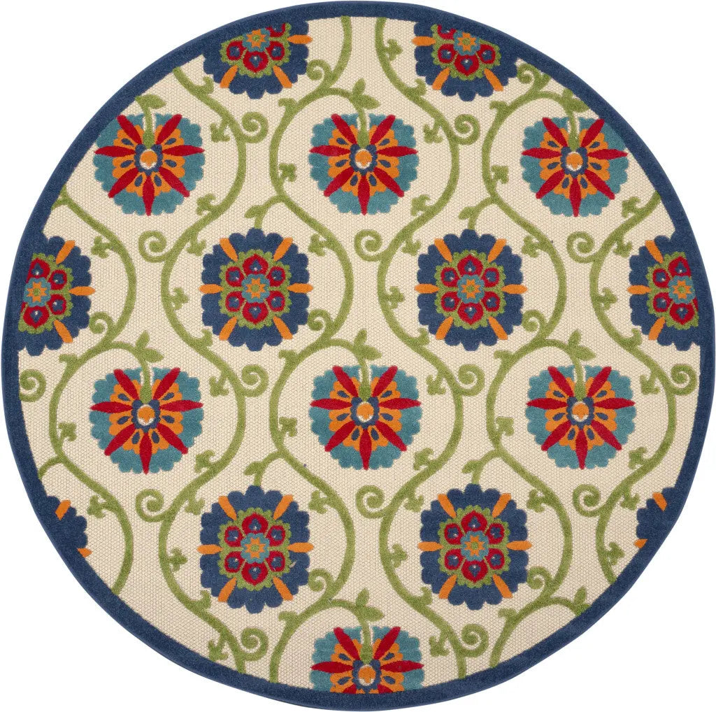 8' Ivory And Blue Round Indoor Outdoor Area Rug - GreatEagleInc
