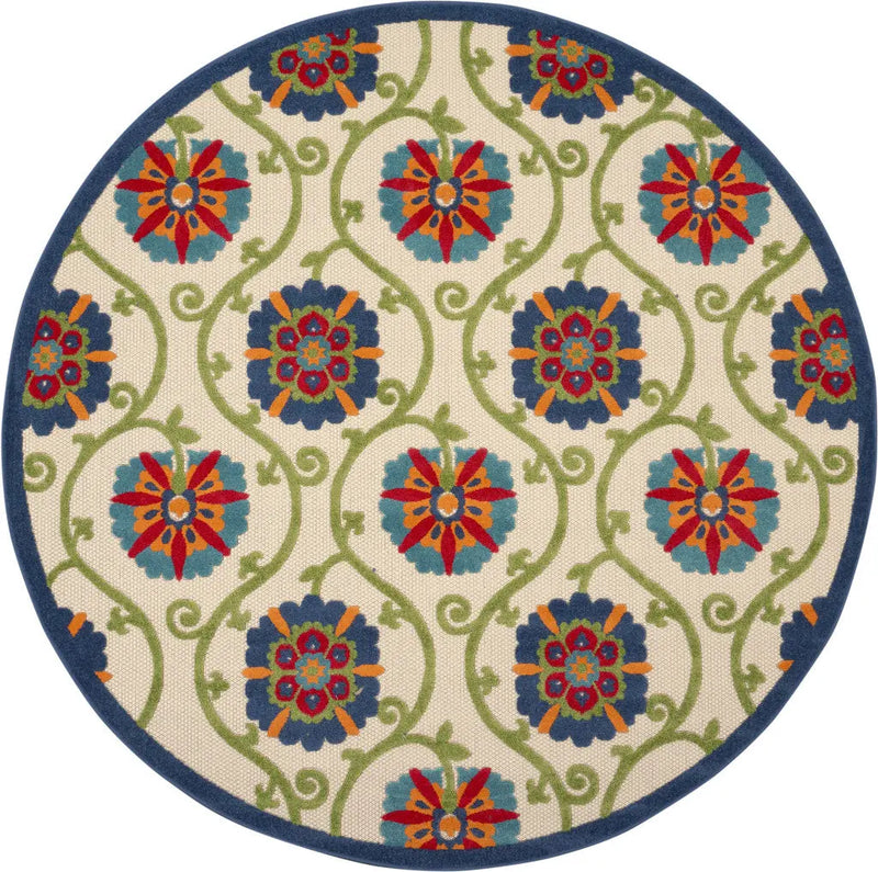 8' Ivory And Blue Round Indoor Outdoor Area Rug - GreatEagleInc