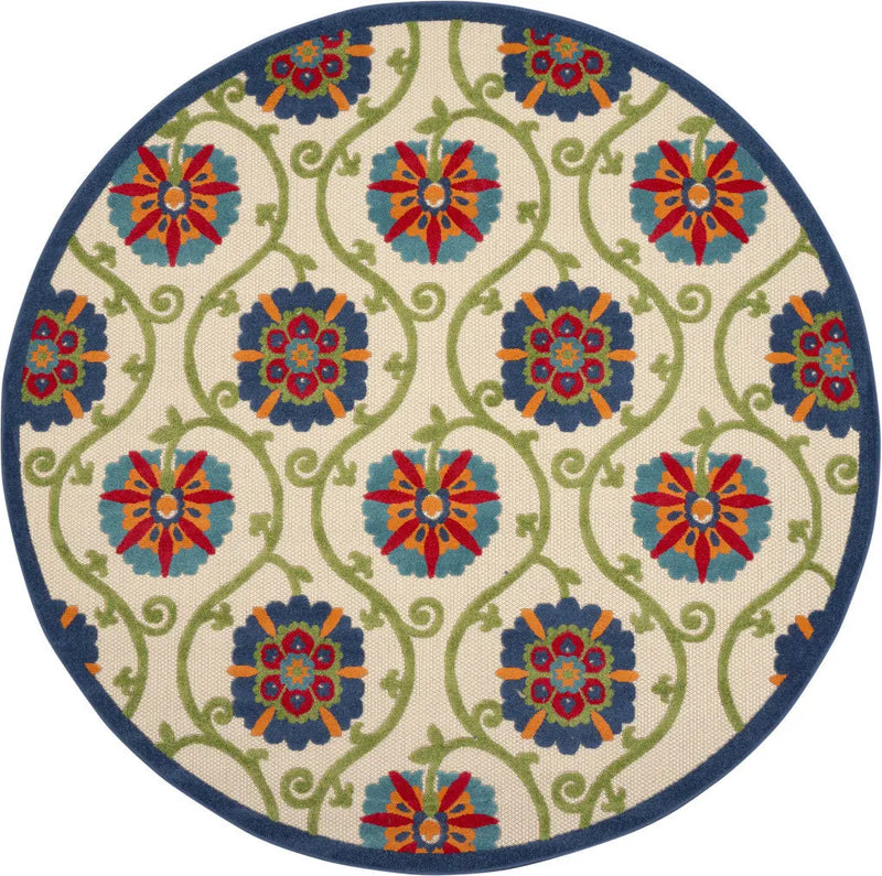 8' Ivory And Blue Round Indoor Outdoor Area Rug - GreatEagleInc