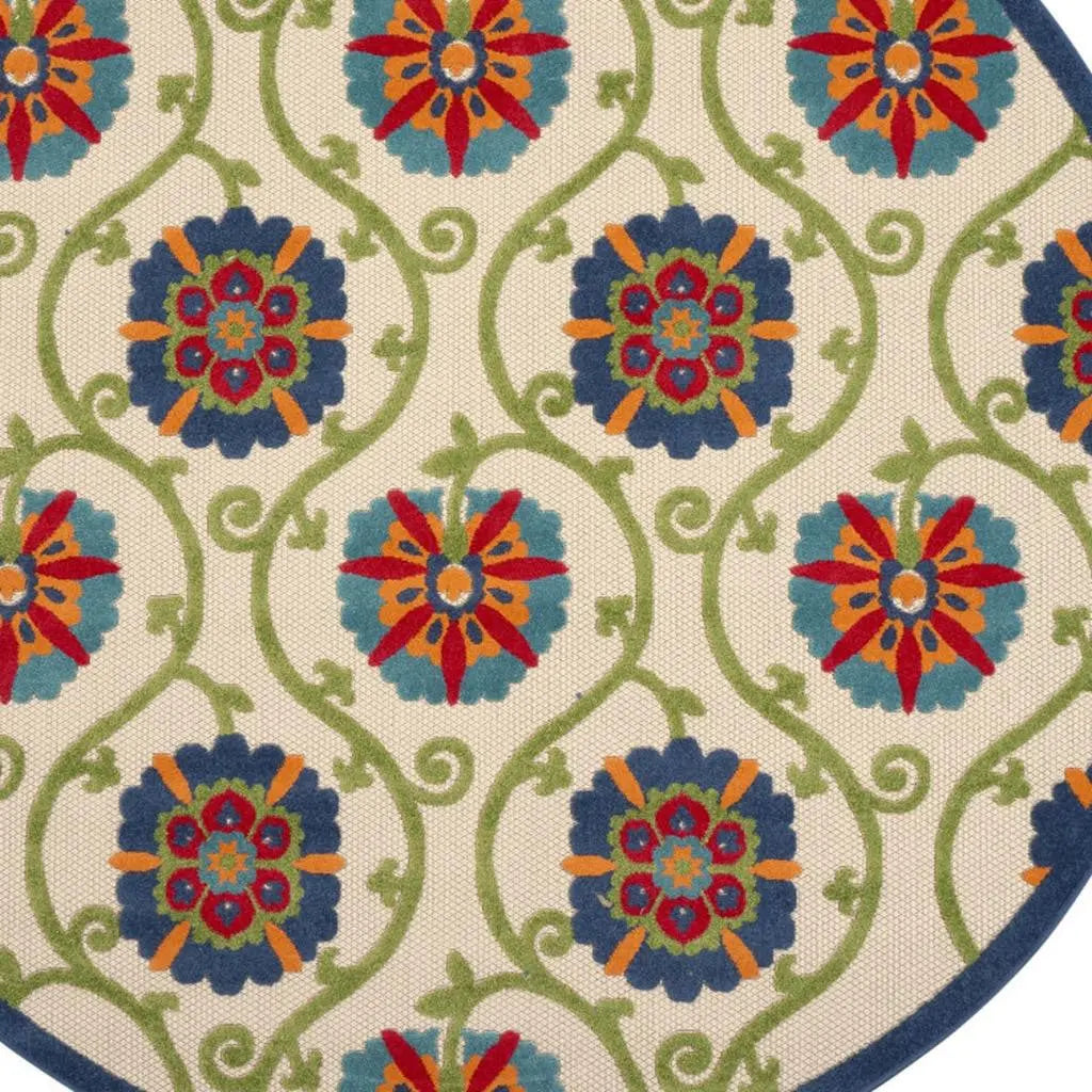 8' Ivory And Blue Round Indoor Outdoor Area Rug - GreatEagleInc