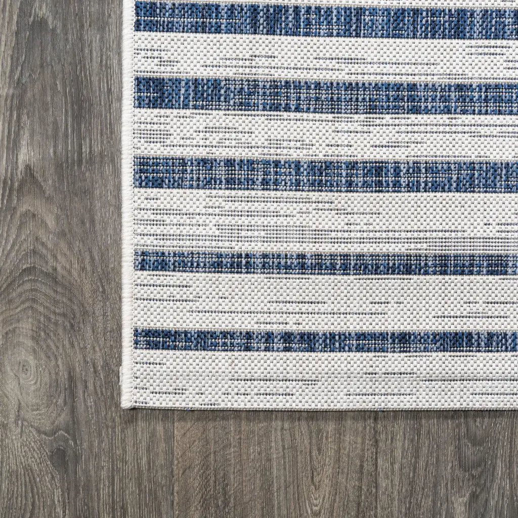 8' Ivory And Blue Striped Indoor Outdoor Runner Rug Homeroots Outdoor
