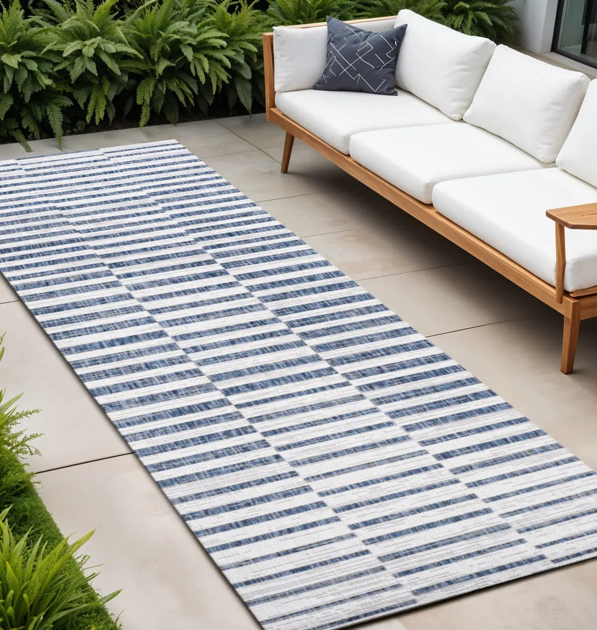 8' Ivory And Blue Striped Indoor Outdoor Runner Rug Homeroots Outdoor