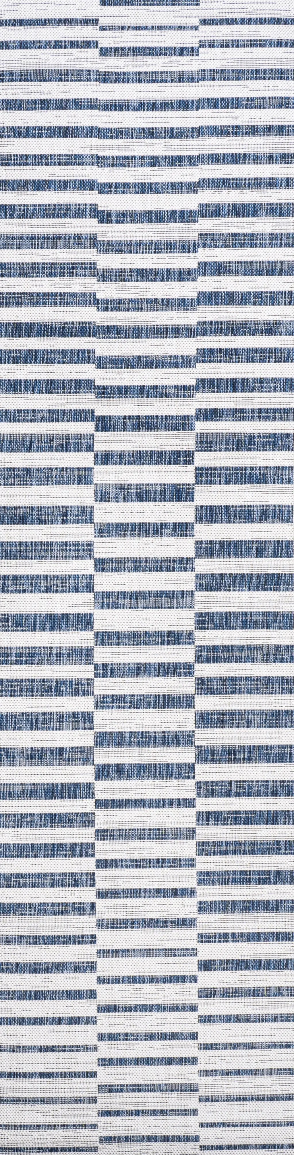 8' Ivory And Blue Striped Indoor Outdoor Runner Rug Homeroots Outdoor