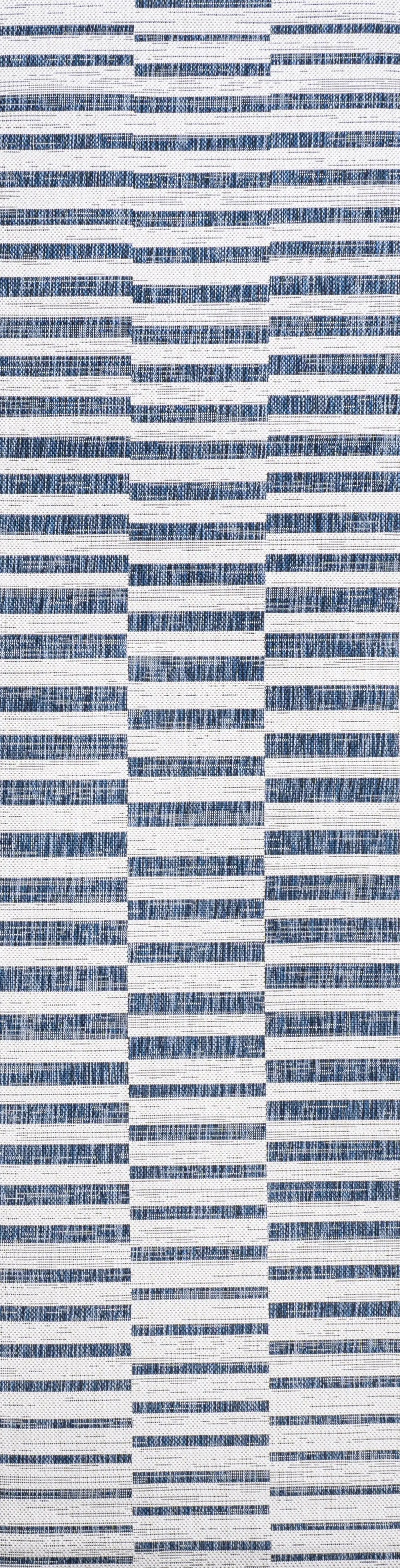 8' Ivory And Blue Striped Indoor Outdoor Runner Rug Homeroots Outdoor
