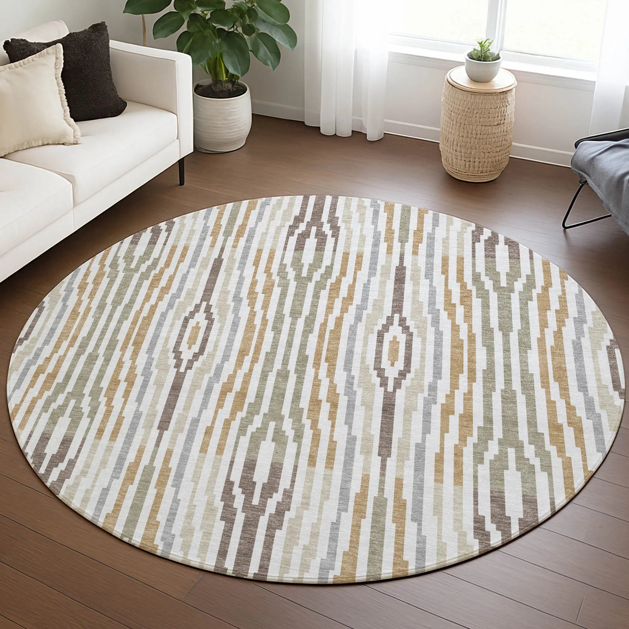 8' Ivory And Brown Round Abstract Washable Indoor Outdoor Area Rug Homeroots Outdoor