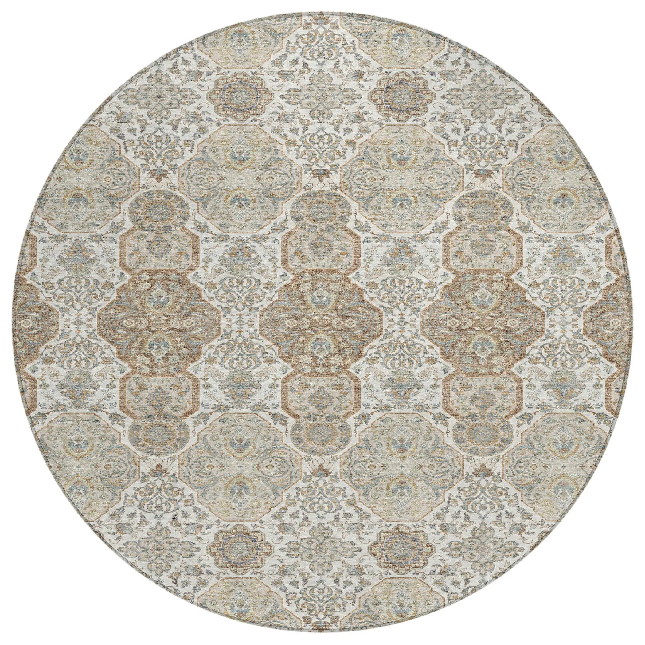 8' Ivory And Brown Round Floral Washable Indoor Outdoor Area Rug Homeroots Outdoor
