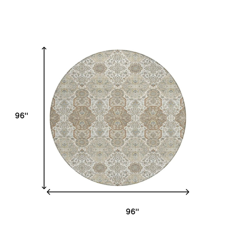 8' Ivory And Brown Round Floral Washable Indoor Outdoor Area Rug Homeroots Outdoor