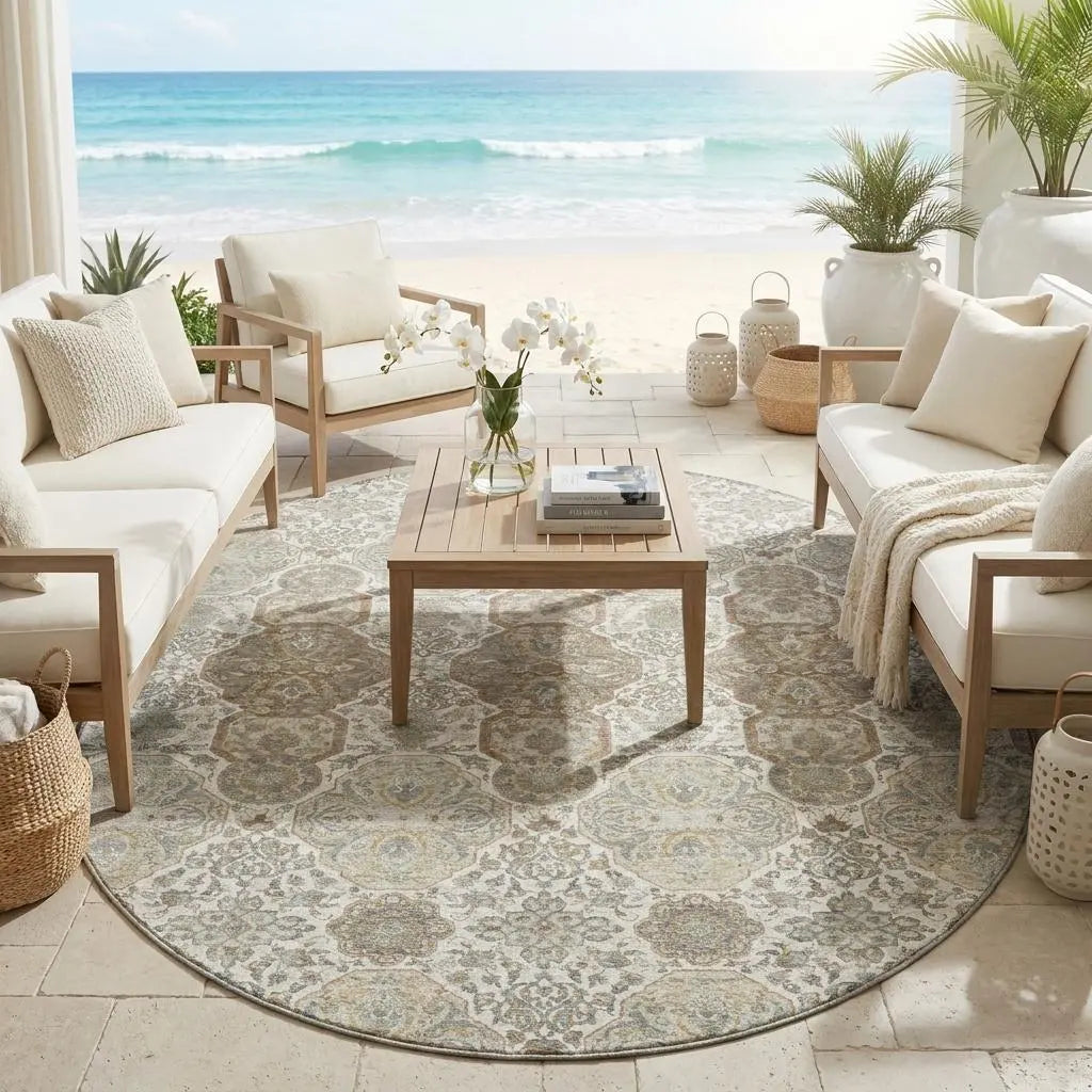 8' Ivory And Brown Round Floral Washable Indoor Outdoor Area Rug Homeroots Outdoor