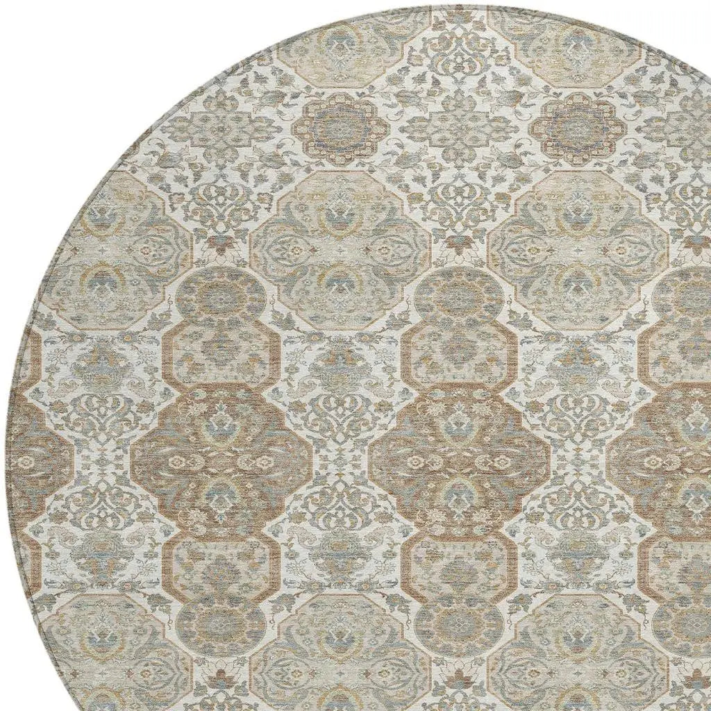 8' Ivory And Brown Round Floral Washable Indoor Outdoor Area Rug Homeroots Outdoor