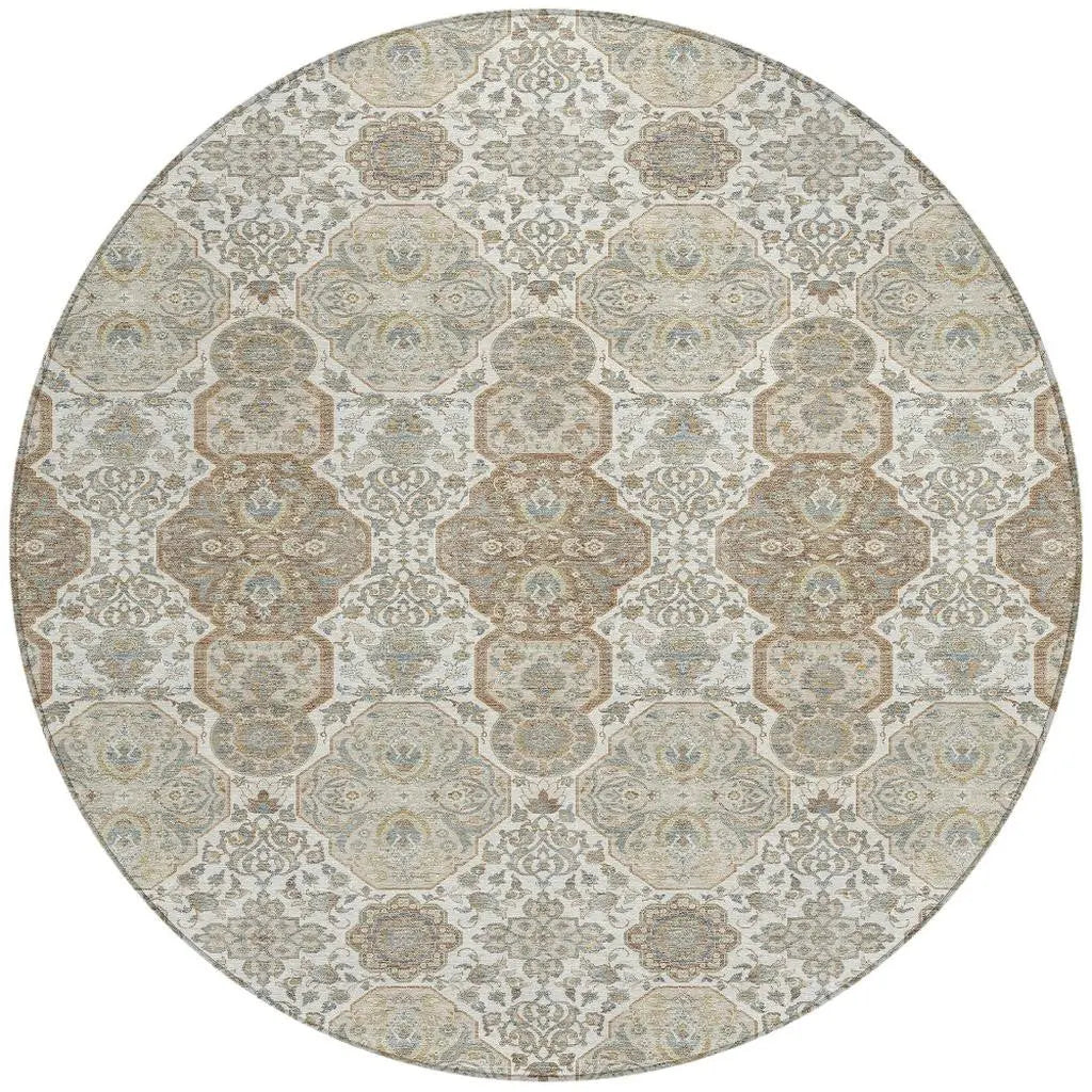 8' Ivory And Brown Round Floral Washable Indoor Outdoor Area Rug Homeroots Outdoor