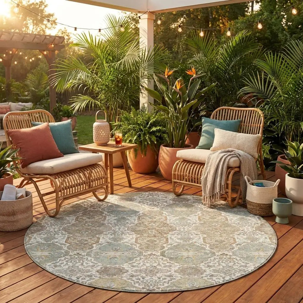 8' Ivory And Brown Round Floral Washable Indoor Outdoor Area Rug Homeroots Outdoor