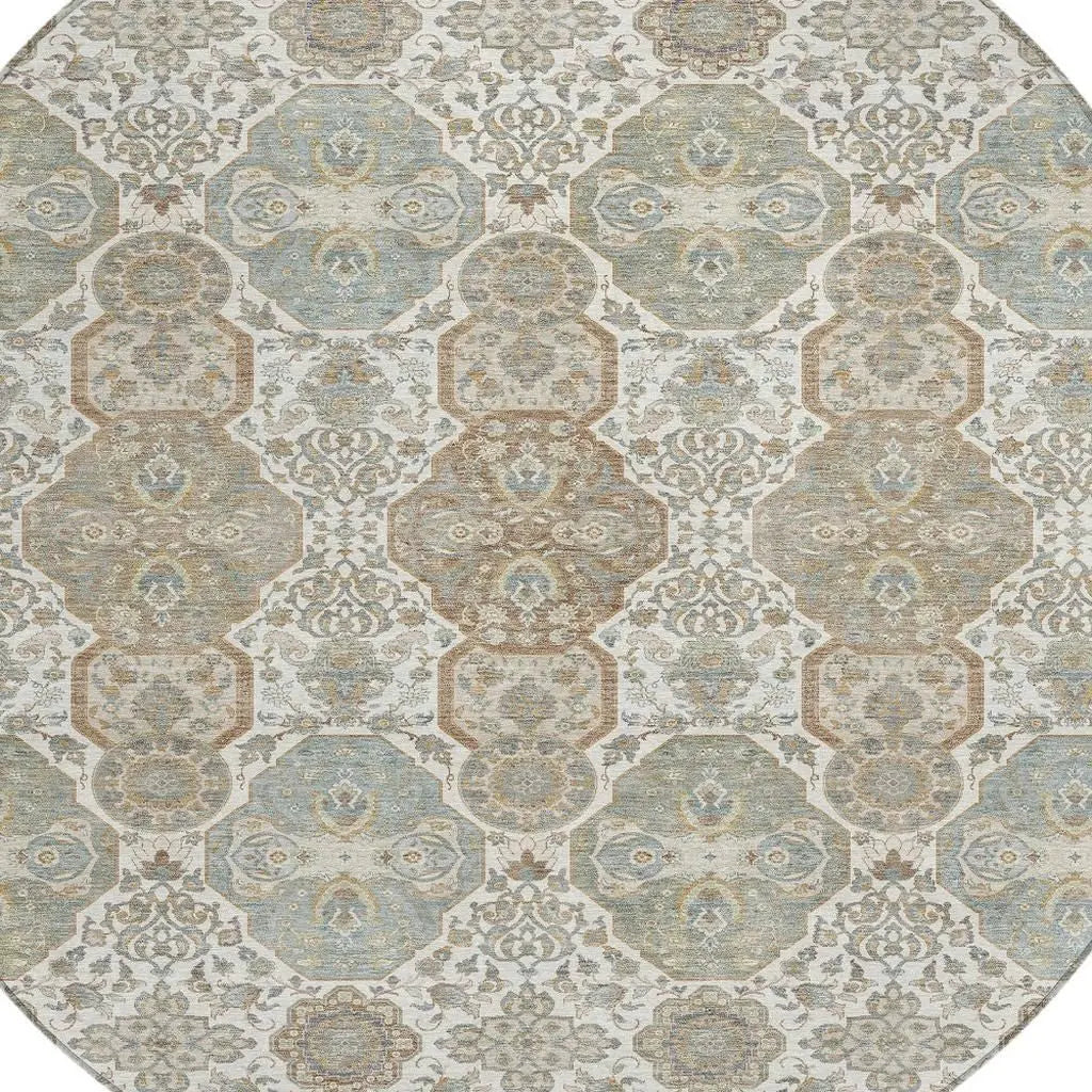 8' Ivory And Brown Round Floral Washable Indoor Outdoor Area Rug Homeroots Outdoor