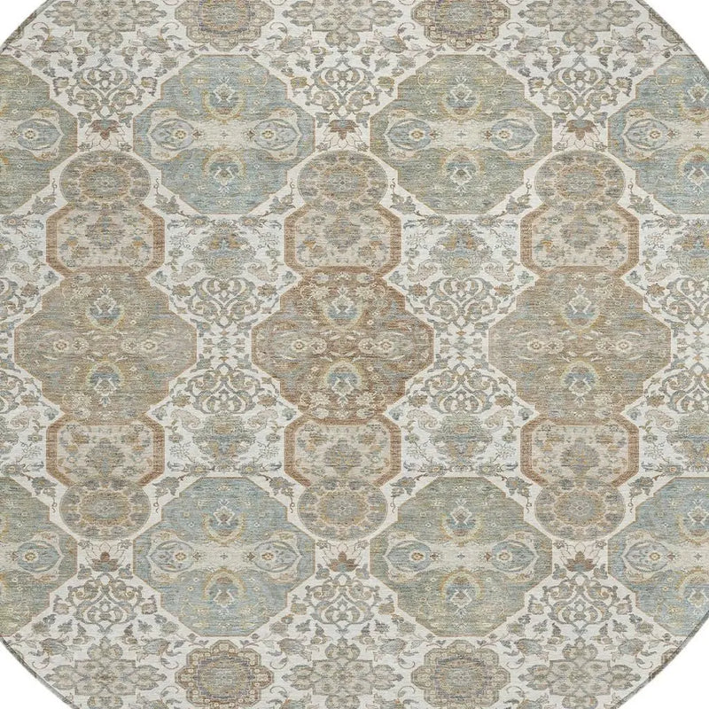8' Ivory And Brown Round Floral Washable Indoor Outdoor Area Rug Homeroots Outdoor