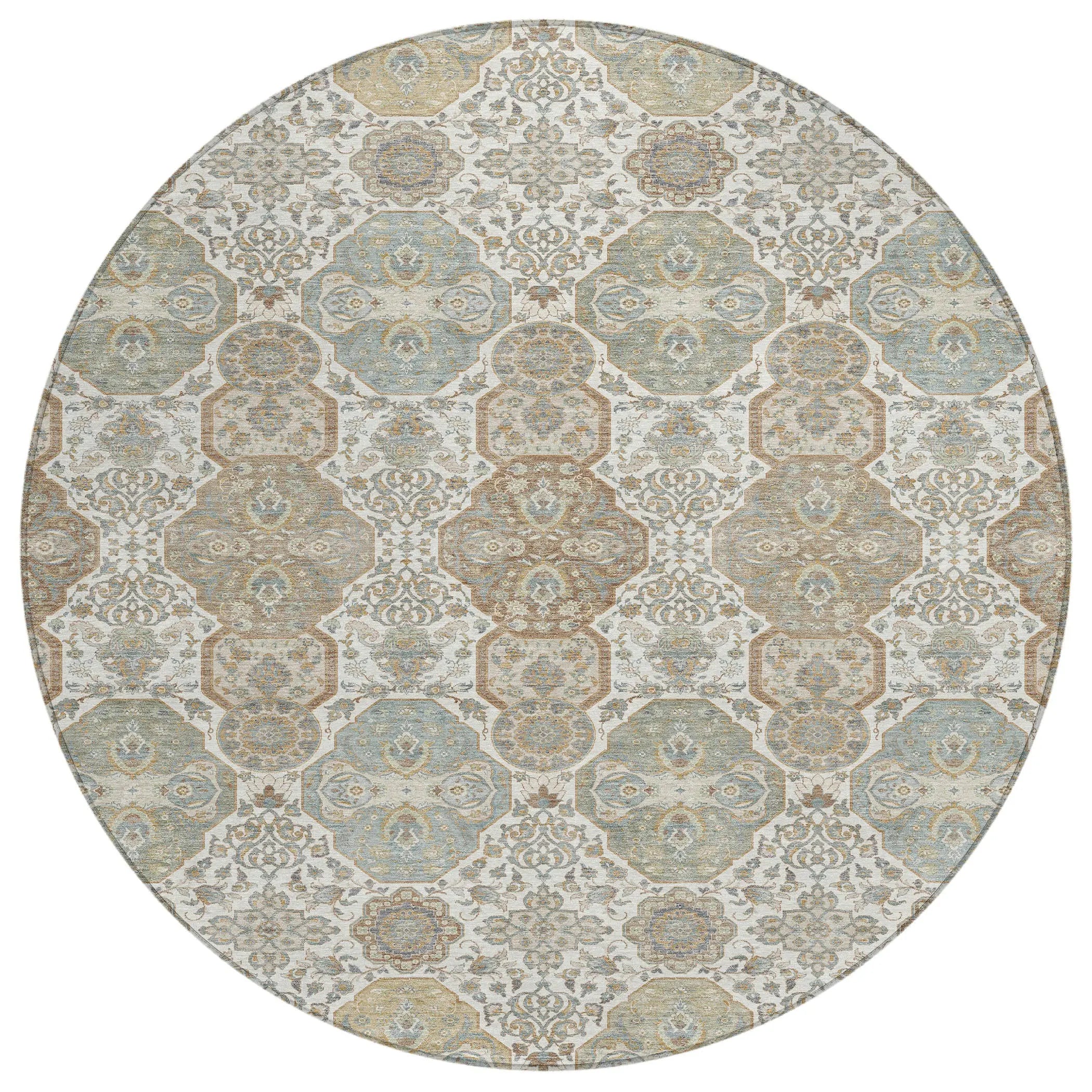 8' Ivory And Brown Round Floral Washable Indoor Outdoor Area Rug Homeroots Outdoor