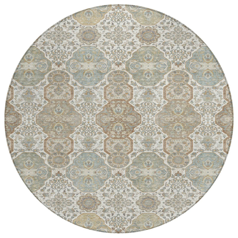 8' Ivory And Brown Round Floral Washable Indoor Outdoor Area Rug Homeroots Outdoor