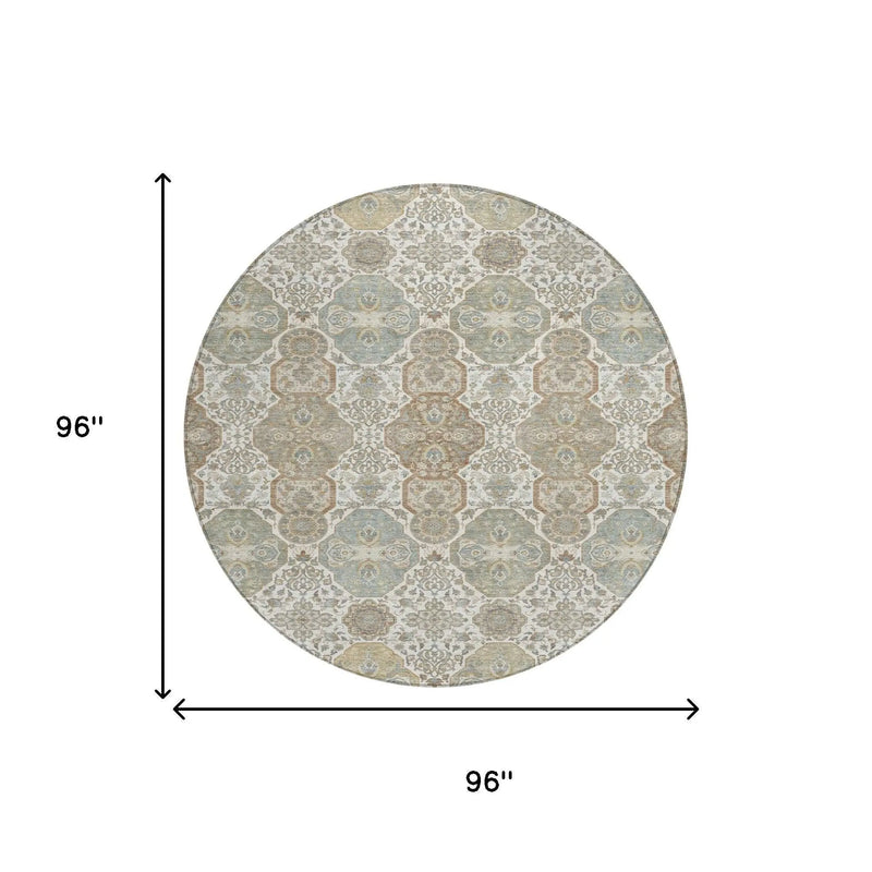 8' Ivory And Brown Round Floral Washable Indoor Outdoor Area Rug Homeroots Outdoor