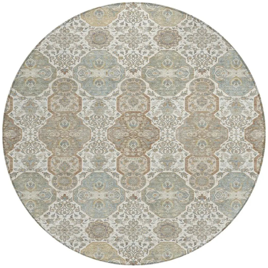 8' Ivory And Brown Round Floral Washable Indoor Outdoor Area Rug Homeroots Outdoor