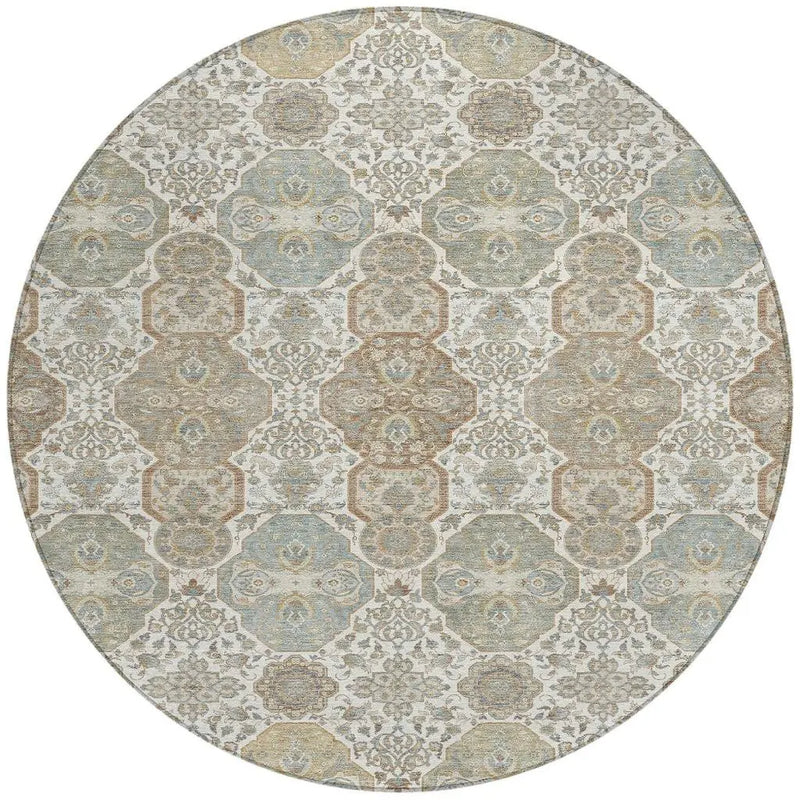 8' Ivory And Brown Round Floral Washable Indoor Outdoor Area Rug Homeroots Outdoor