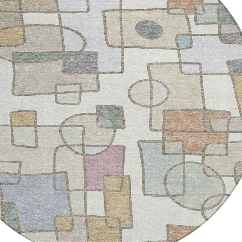 8' Ivory And Brown Round Geometric Washable Indoor Outdoor Area Rug Homeroots Outdoor