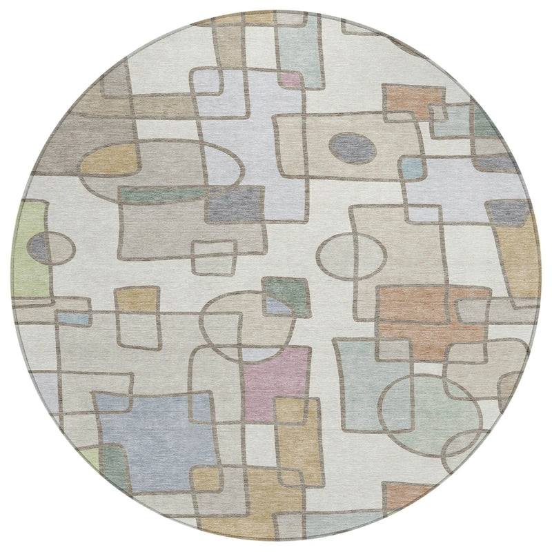 8' Ivory And Brown Round Geometric Washable Indoor Outdoor Area Rug Homeroots Outdoor
